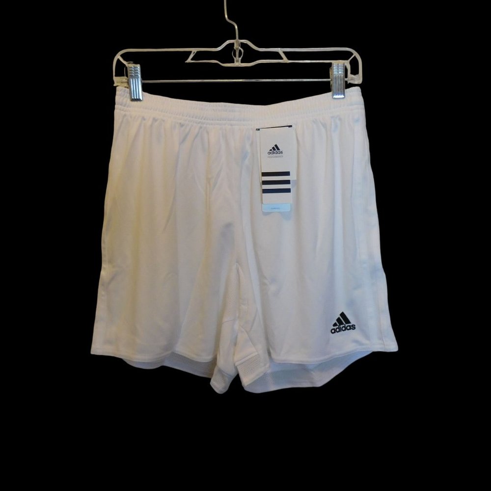 Adidas Women's Medium Soccer Shorts White ClimaCool Triple Stripes Black Logo